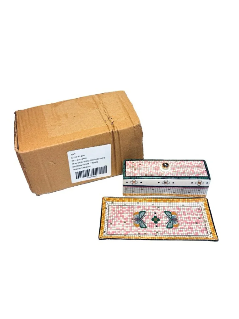 Anthropologie Bistro Garden Tile Butterfly Pink Covered Butter Dish Stoneware